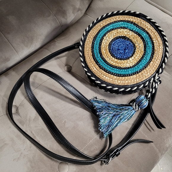 Rebecca Minkoff Straw Circle Cross Body Blue Multi Color Bag - Picture 2 of 16